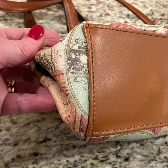 Fossil Vintage Travel Print Satchel Shoulder Bag Brown Leather Handles Cream - Picture 14 of 16